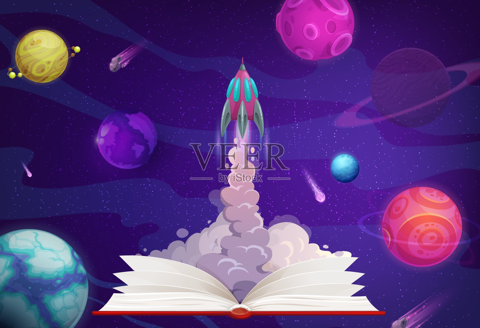 太空行星，打开书本发射火箭插画图片素材