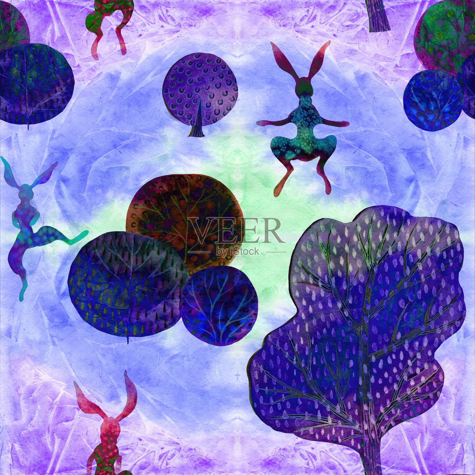 兔子在跑。水彩背景上的动物插图。无缝模式。使用印刷材料，标志，物品，网站，地图，海报，传单，包装。插画图片素材