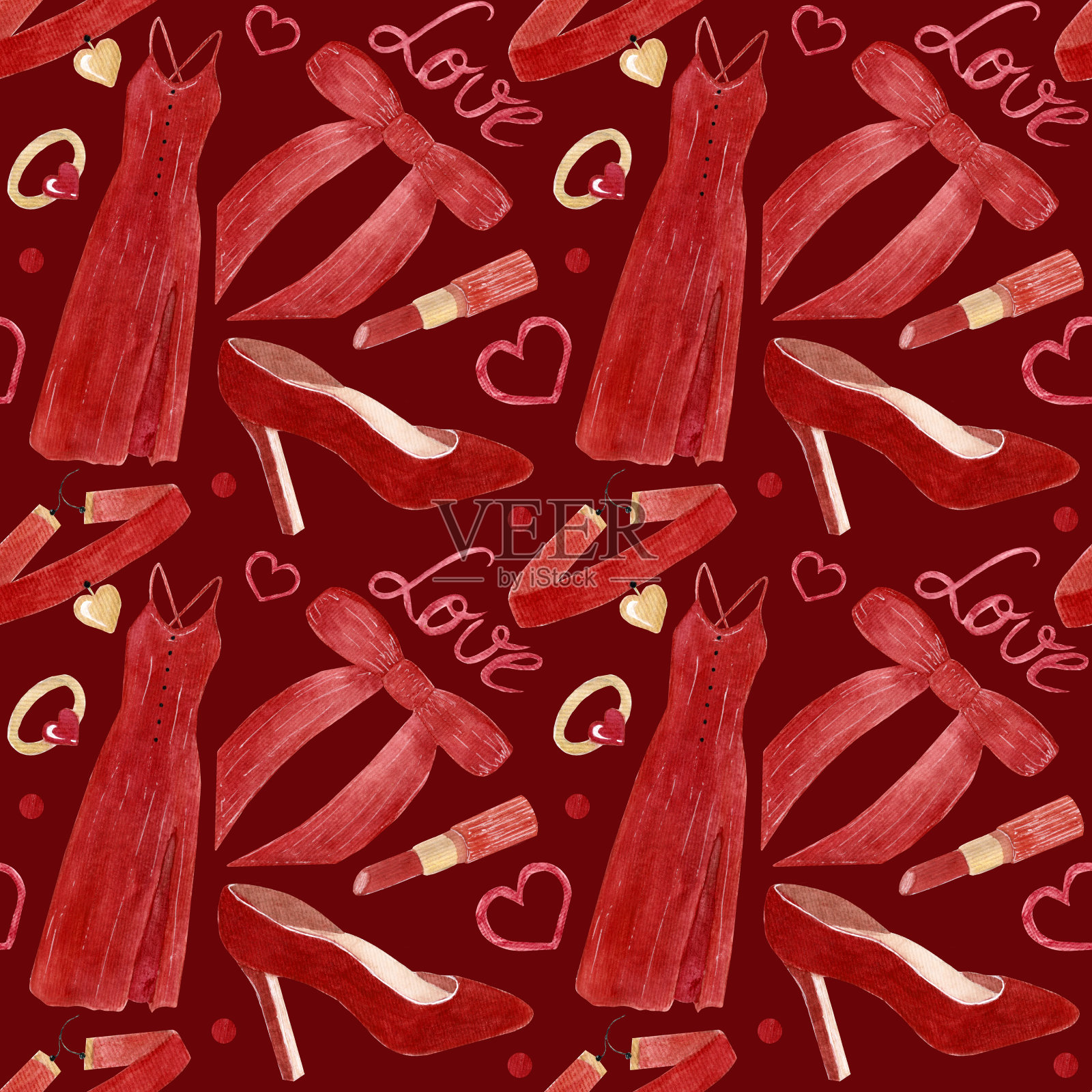 无缝水彩明亮的图案，各种女性时尚的配件，衣服，珠宝在红色背景上的红色。插画图片素材