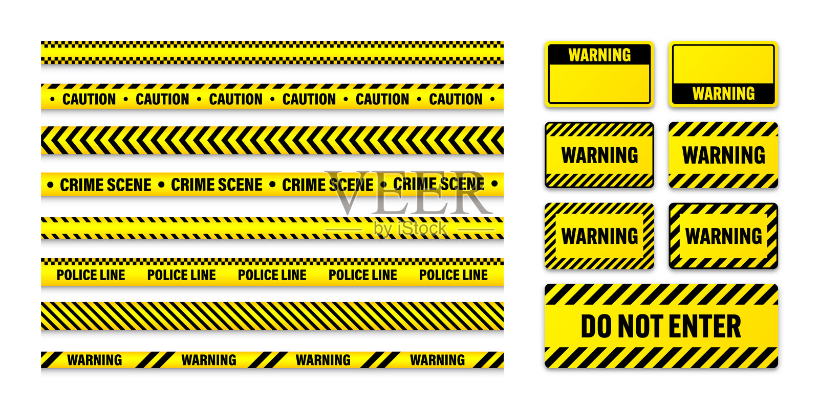 各种路障施工胶带和警示牌。黄色警戒线，颜色鲜艳的危险或危险条纹，彩带。禁区。注意符号。矢量图插画图片素材