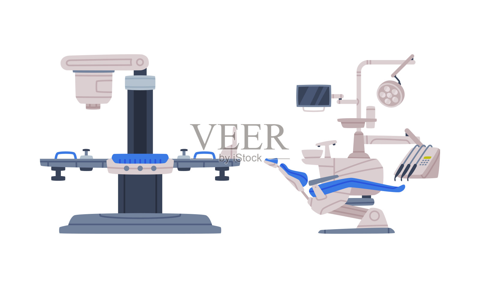 牙科椅和x射线扫描仪作为医疗设备和辅助设备向量集插画图片素材