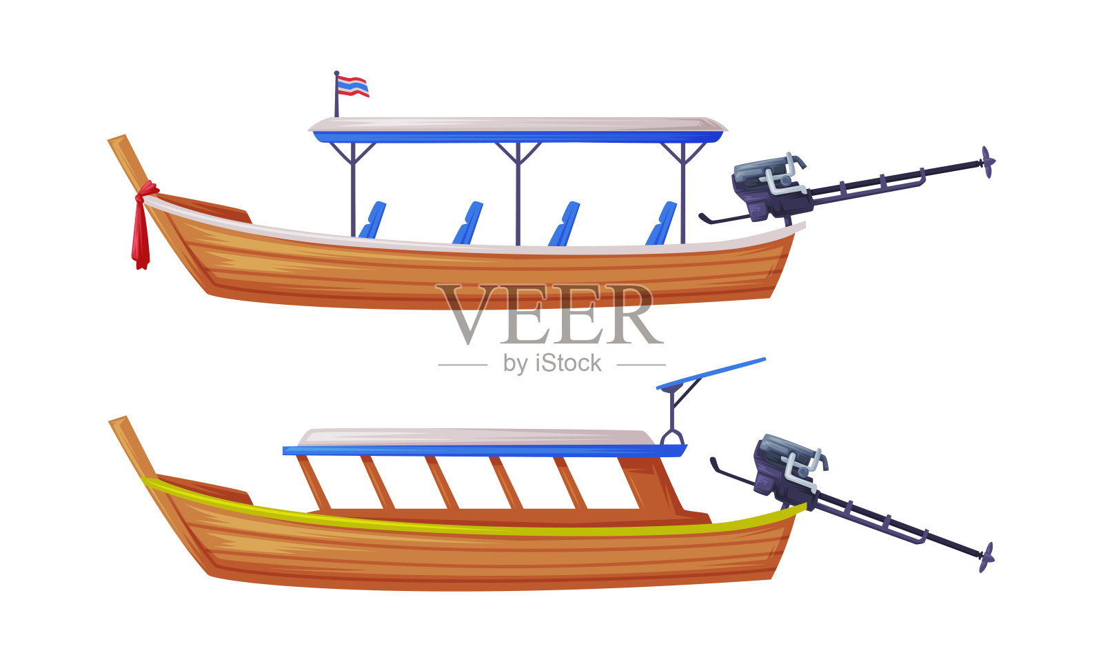木制长尾船作为泰国的象征和著名的交通矢量集插画图片素材