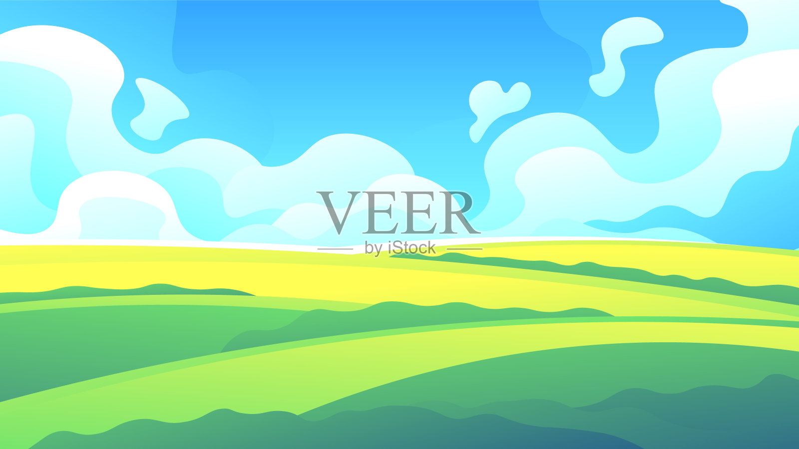 明亮美丽的黄色草地，阳光明媚。插画图片素材