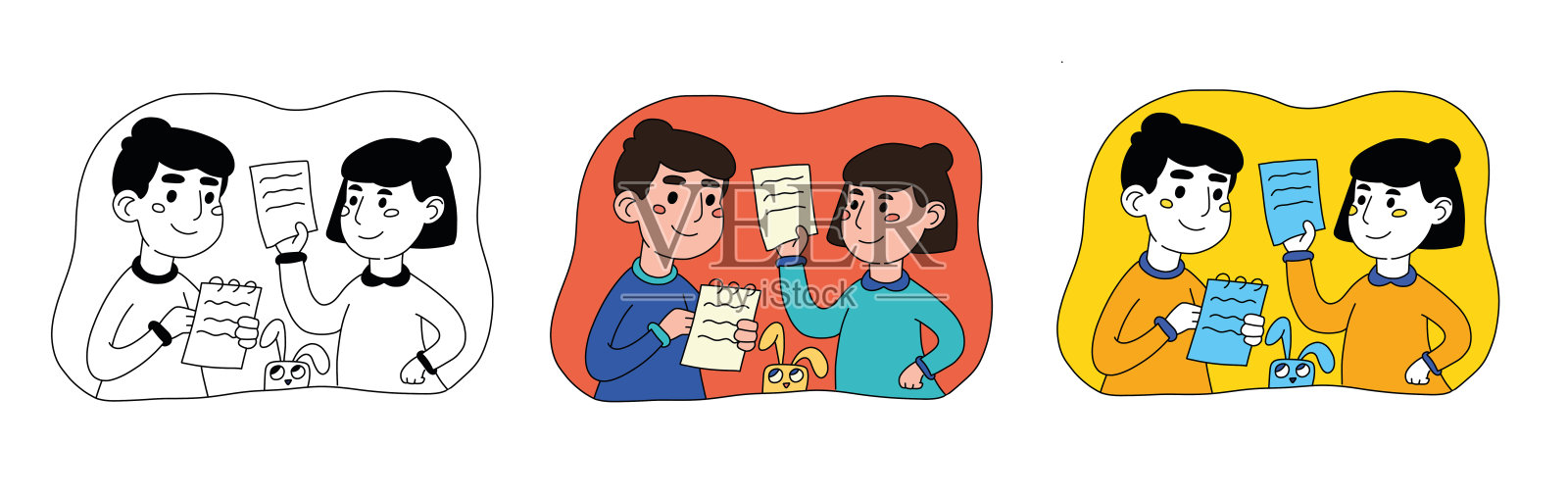 男孩和女孩在一张纸上写字。计划一天，家庭作业，待办事项或购物清单。写作的概念。矢量插图在平面风格的人在圆上的白色背景插画图片素材