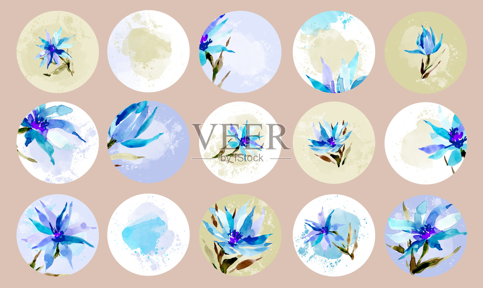 一套不同的水彩高光封面。花，花，社交网络上故事的自然图标。插画图片素材