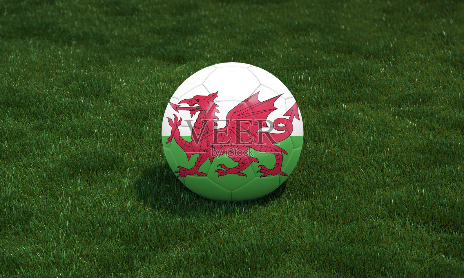 足球与大风旗颜色在球场上的绿色草地背景。3 d演示。照片摄影图片