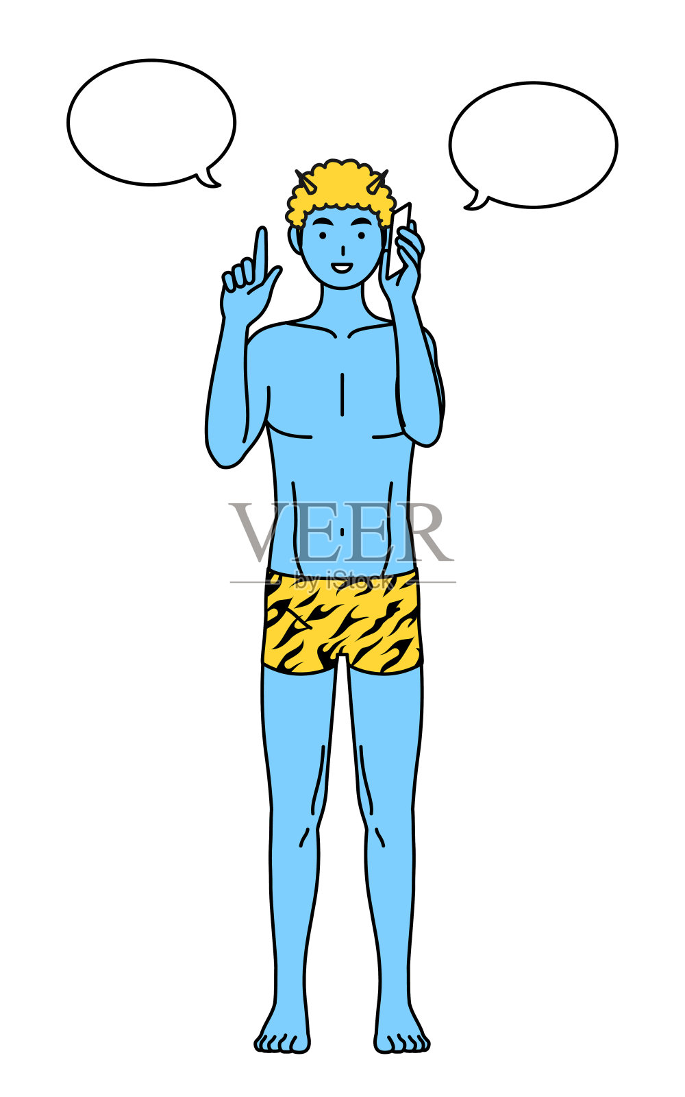 传统的日本活动，二月的节气，一个穿着虎纹裤子的蓝色食人魔在打电话。插画图片素材