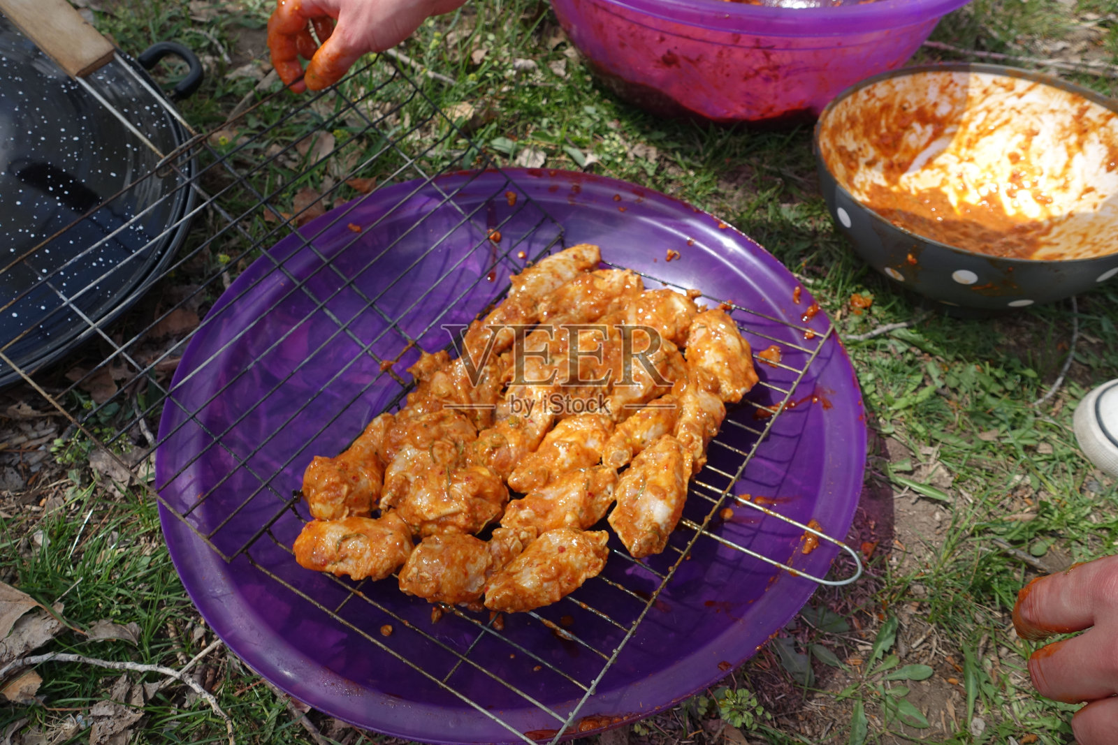 野餐时享受烧烤，在铁丝烤架上摆好蘸酱的鸡排，烤鸡排，照片摄影图片
