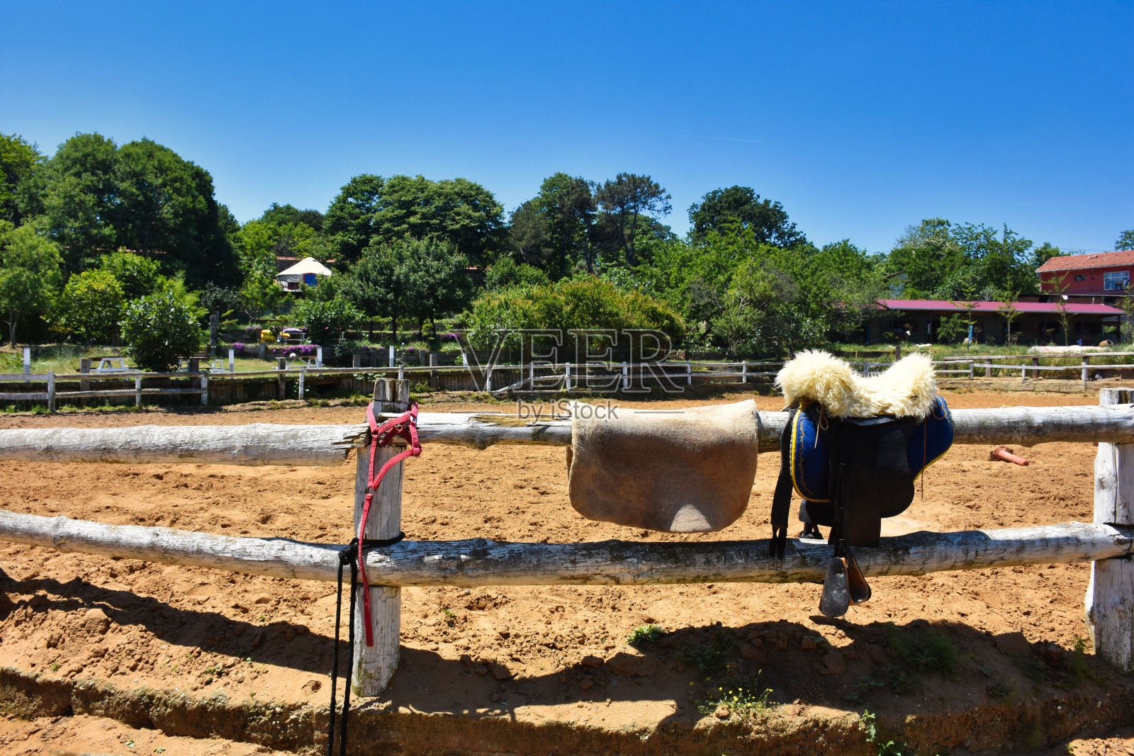 在晴朗的天空下，农场白色的栅栏上矗立着传统的马鞍和马术装备照片摄影图片