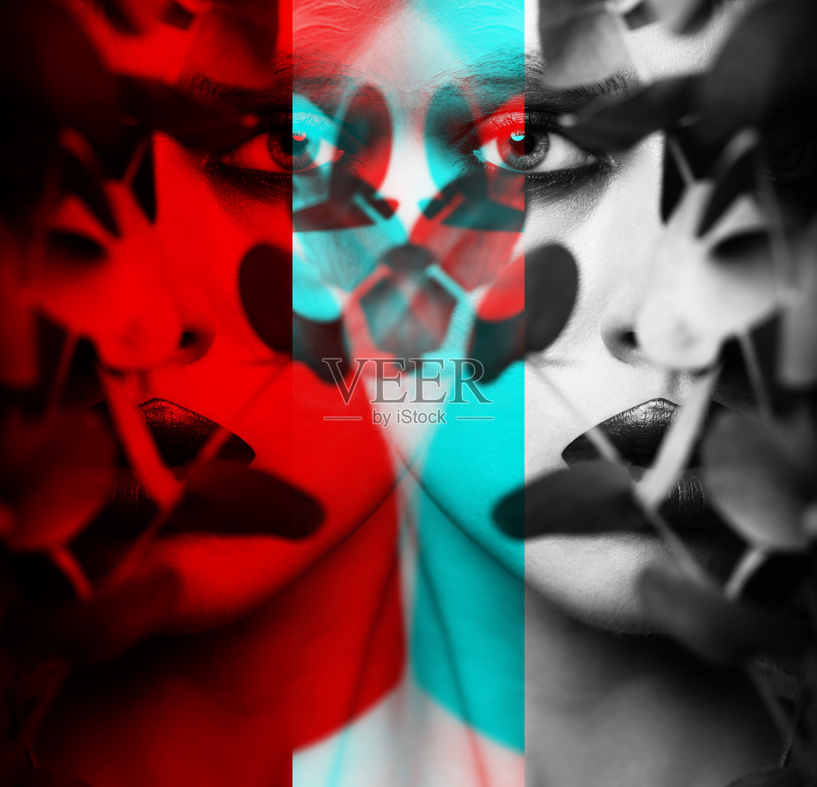 美丽的女人与花哨的化妆通过植物枝在RGB颜色分裂效果风格照片摄影图片