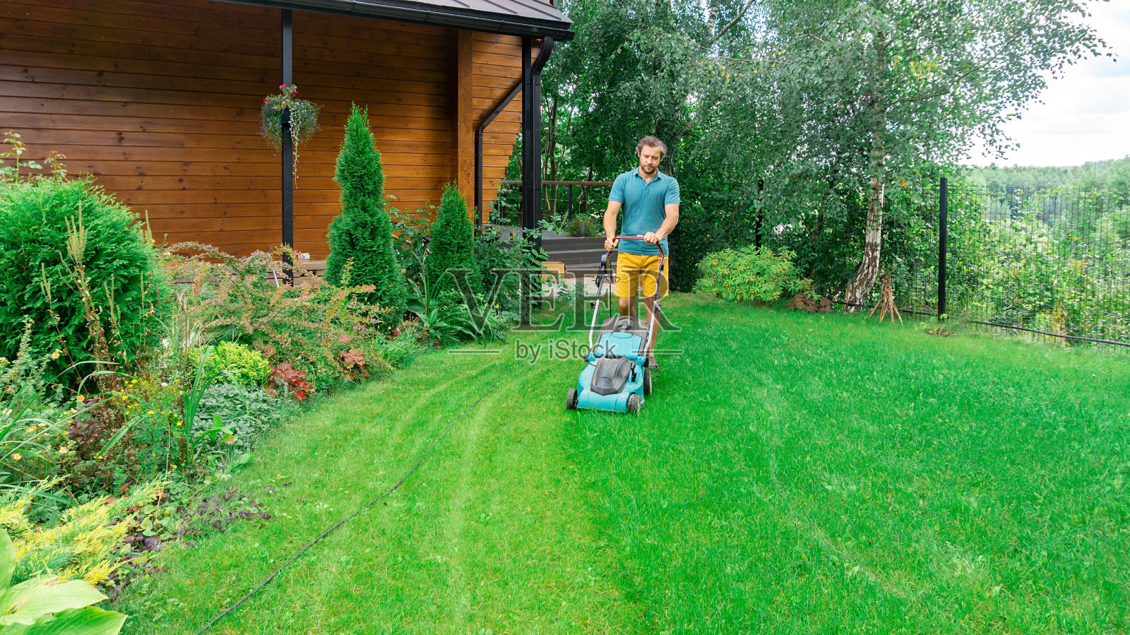 在花园里割草。一个男人用带收集器的电动割草机在一个美丽的花园里修剪草坪。Nice landscaping in the garden of a country house.照片摄影图片