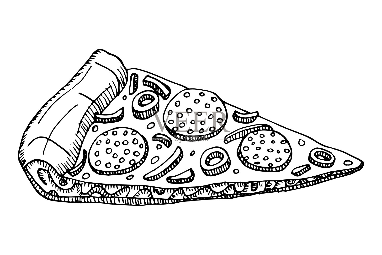 一块披萨和意大利腊肠，矢量手绘孤立的背景插画图片素材