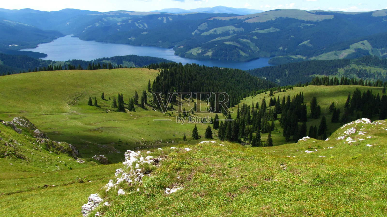 高角度的河流通过绿色山坡树木照片摄影图片
