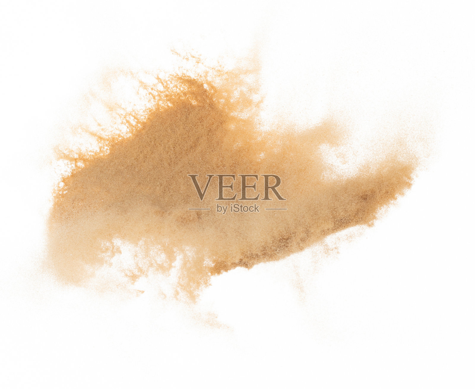 小粒细沙飞爆，金粒波爆。抽象的云飞。黄色砂在空气中飞溅二氧化硅。白色背景隔离高速快门，抛出定格镜头照片摄影图片