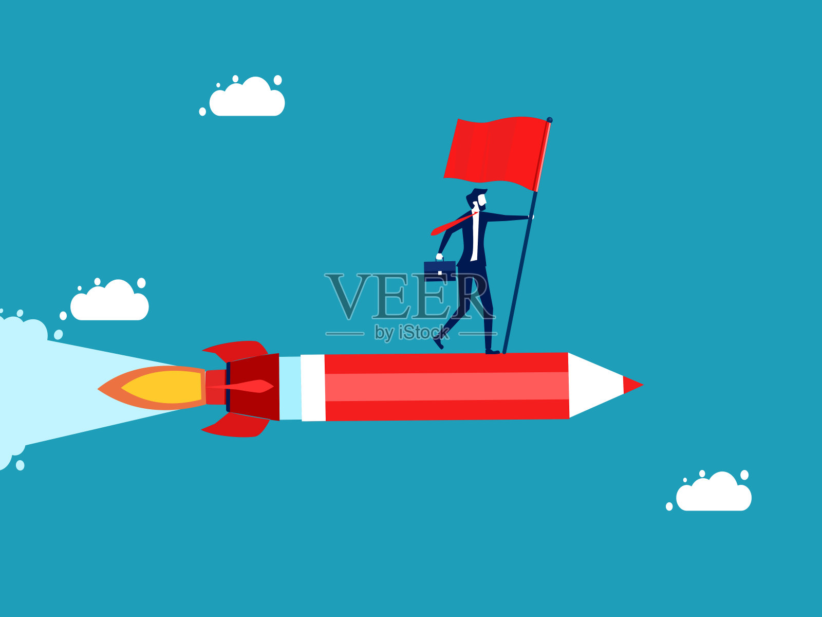 商人带着一支铅笔飞。商业赢家插画图片素材