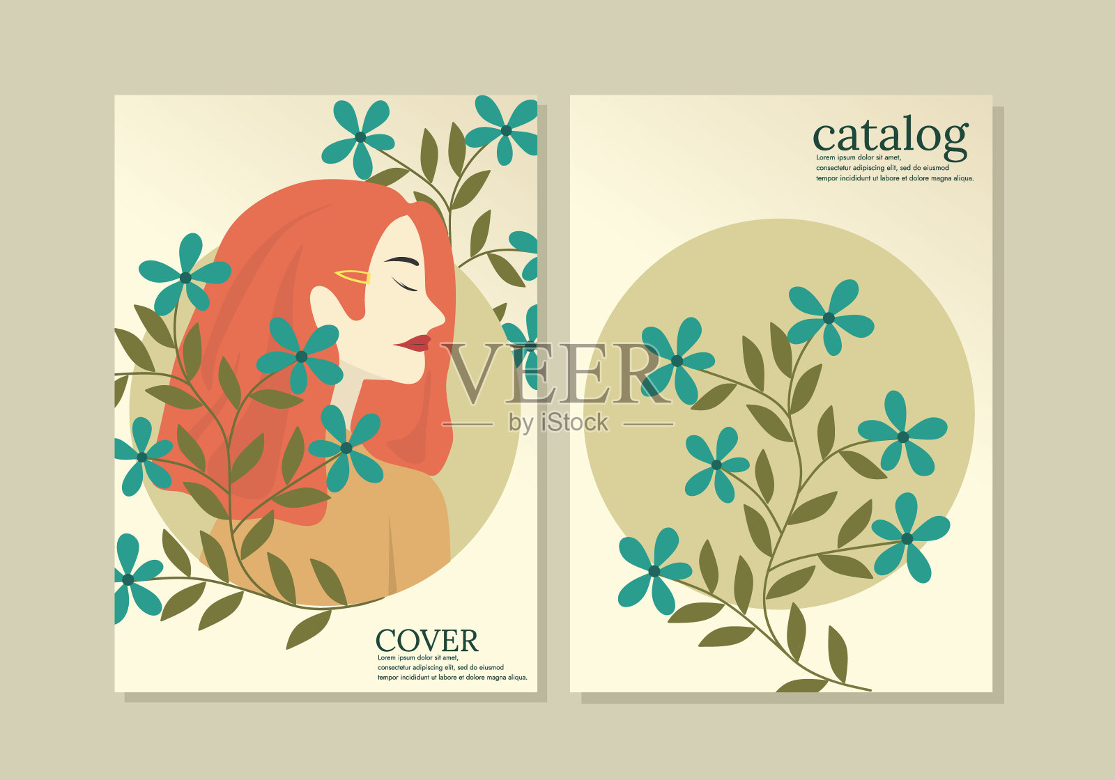 现代抽象封面集，极简封面设计。女人脸插图背景与花，矢量插图。插画图片素材