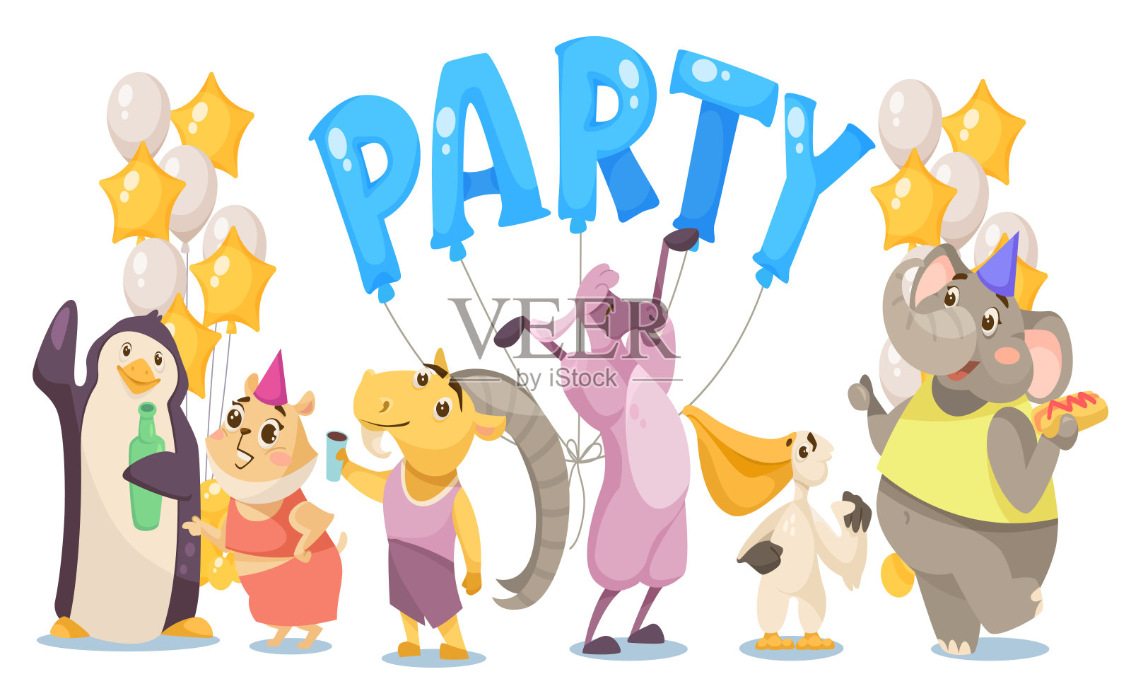 快乐的野生动物字符在党的矢量插图插画图片素材