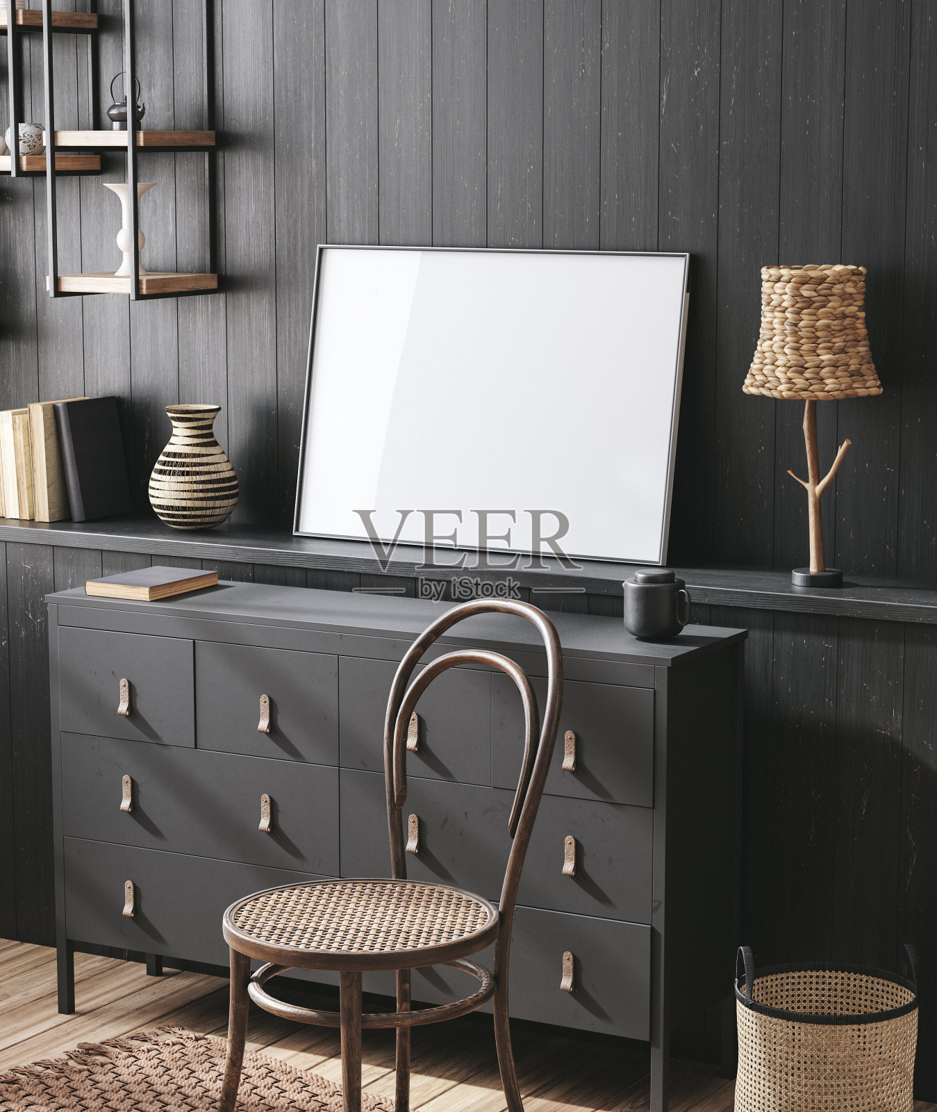 农舍客厅内部的模型框架照片摄影图片