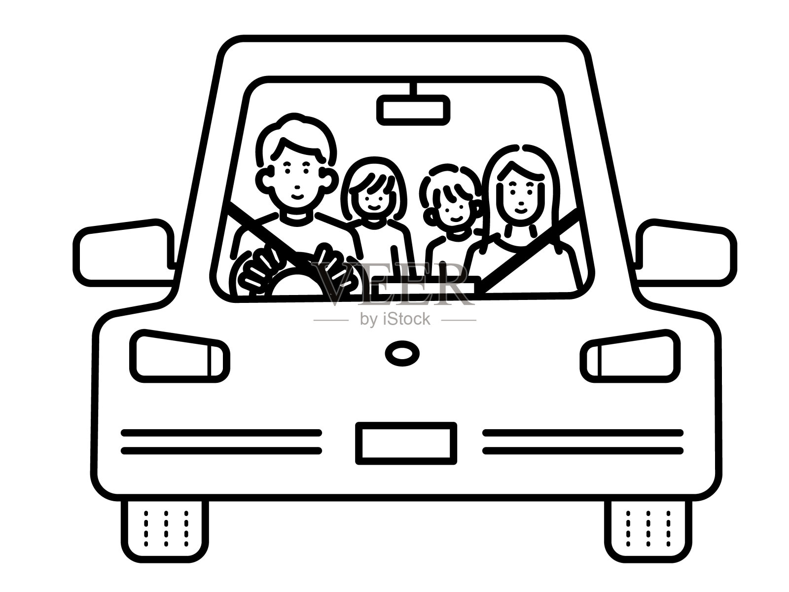 家庭乘车的剪贴画，线描。插画图片素材
