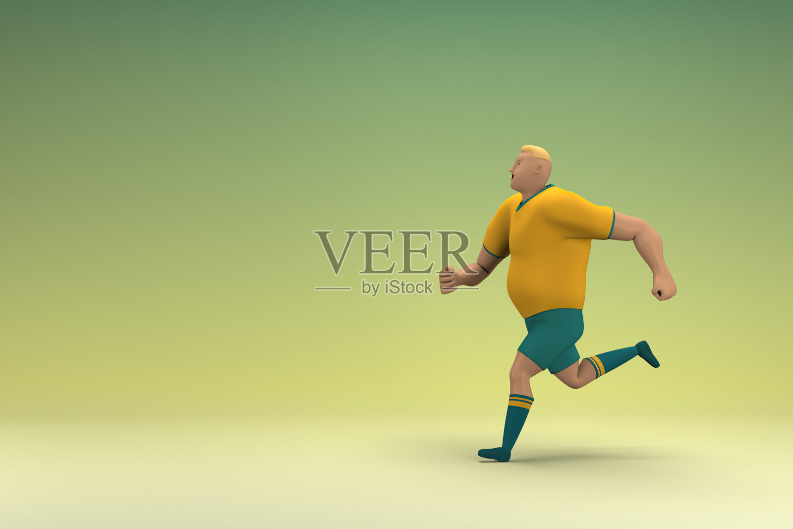 一个穿着黄色衬衫和绿色裤子的运动员正在跑步。动画角色在表演中的三维渲染。插画图片素材