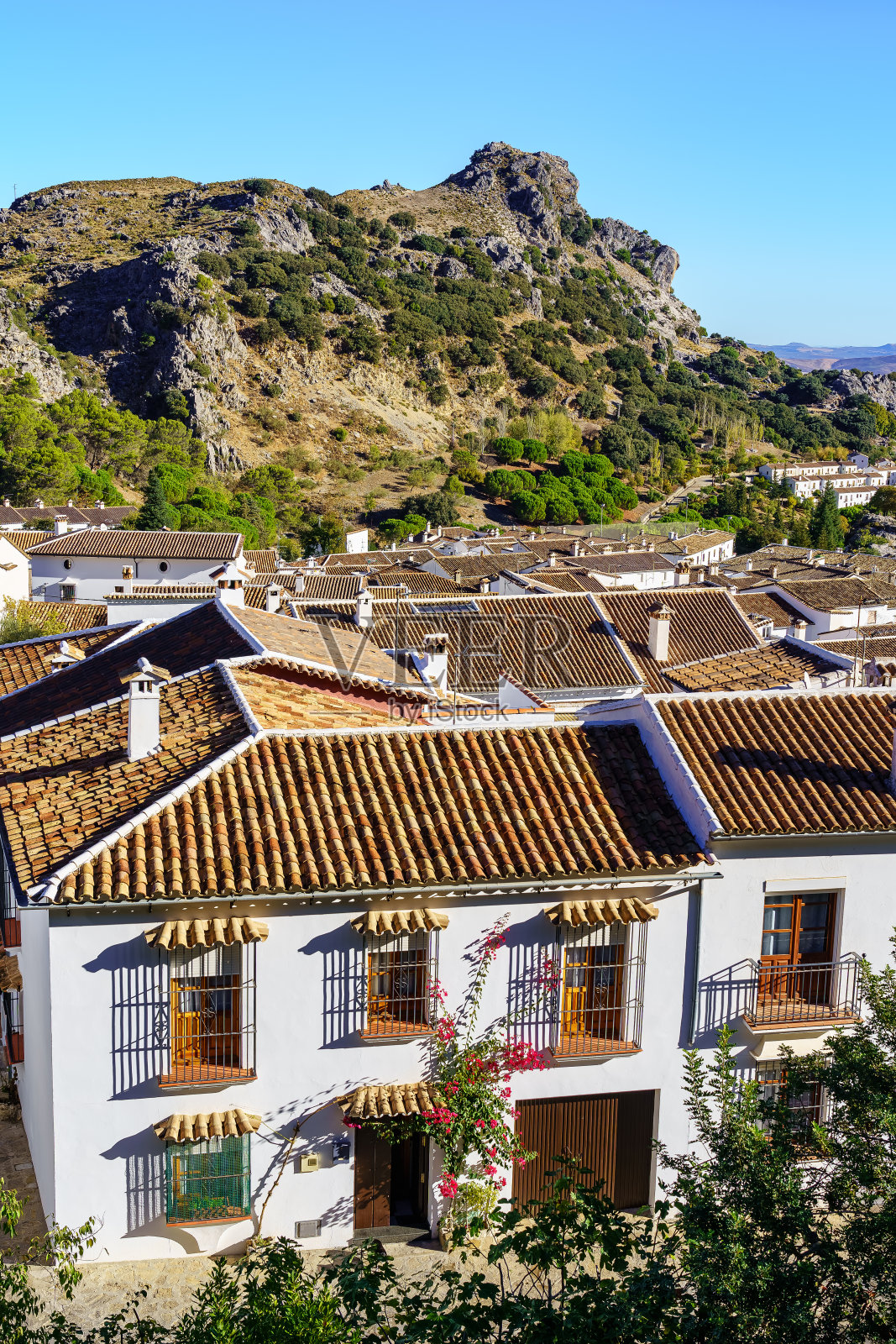 加的斯安达卢西亚的格拉扎莱马山脉旁被粉刷成白色的老村庄。照片摄影图片