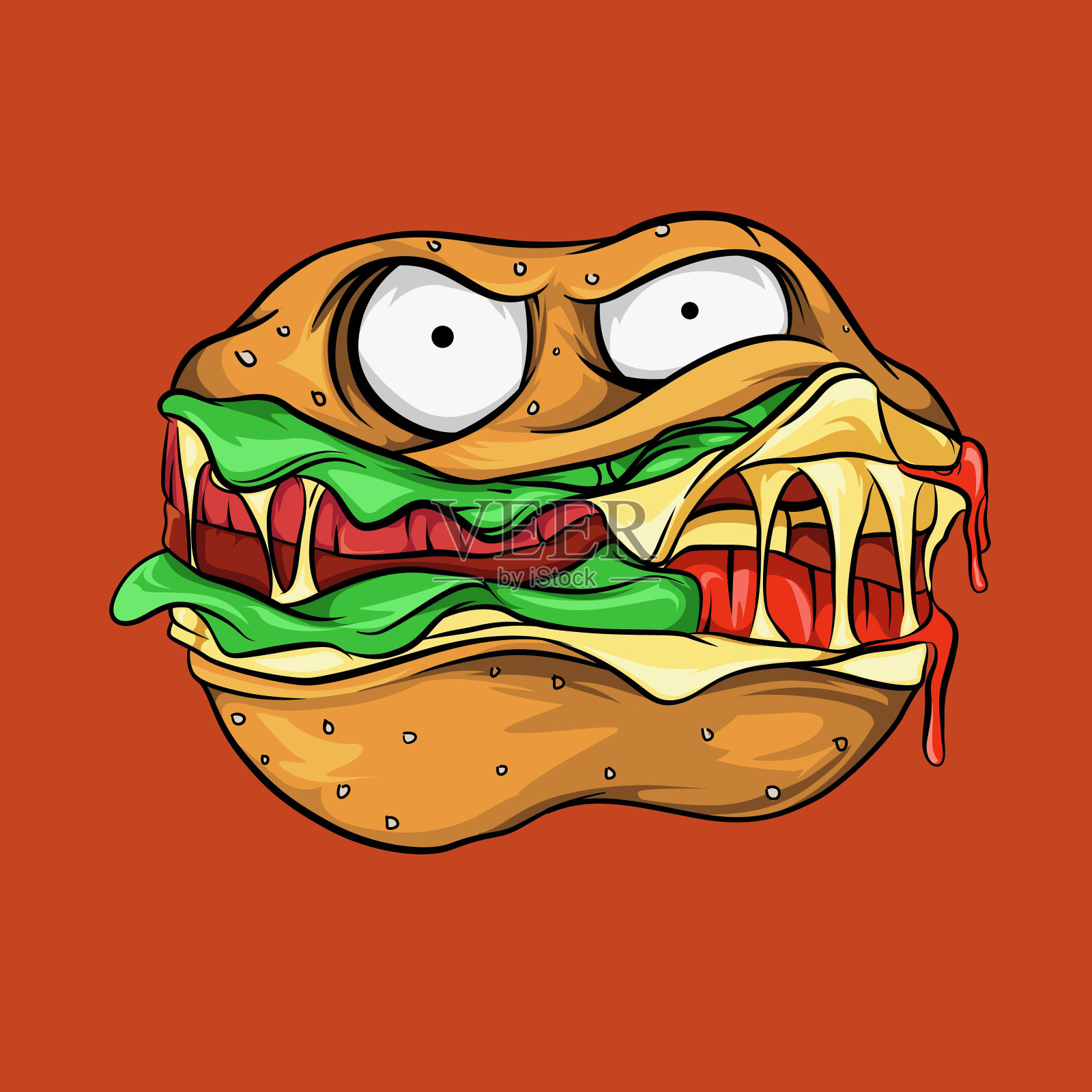 汉堡怪物#2 -愤怒的眼睛和咆哮的面部表情插画图片素材