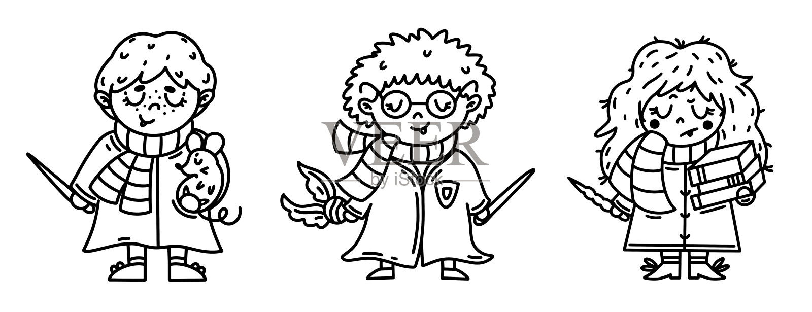 黄金三向量集。儿童涂色书。可爱的孩子巫师拿着魔杖，穿着长袍。巫术的学生。手绘剪纸孤立在白色。卡通轮廓卡，海报，印刷品插画图片素材