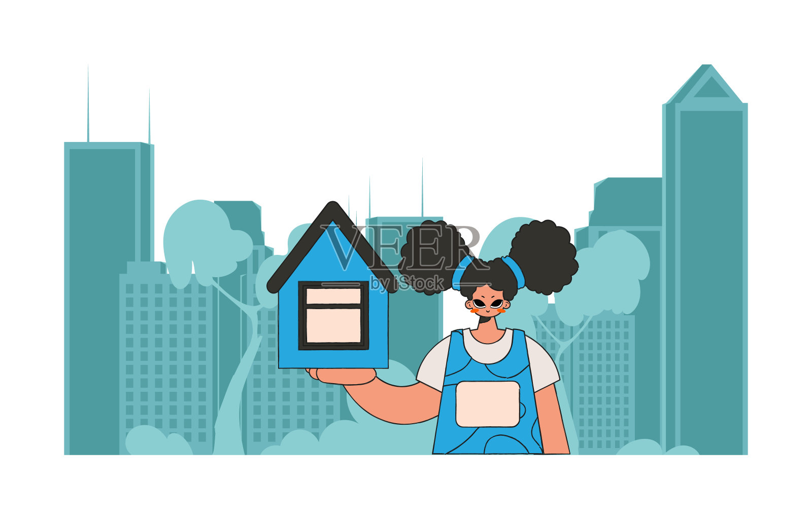 概念卖房子和拥有房子。一个迷人的房地产经纪人女孩正持有一所房子。插画图片素材