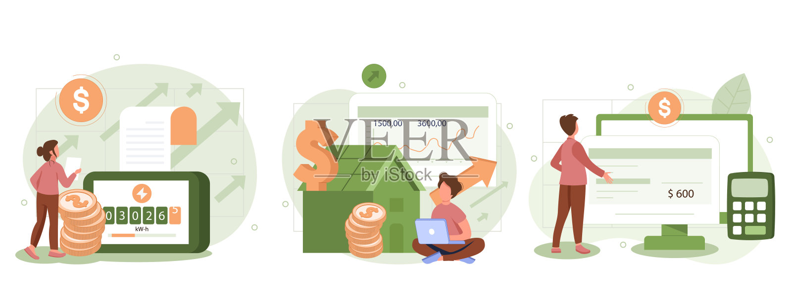 可持续性向量集。监测私人电力和集中供暖表，计算家庭公用事业账单。家庭能源效率审计概念。成本增加插画图片素材