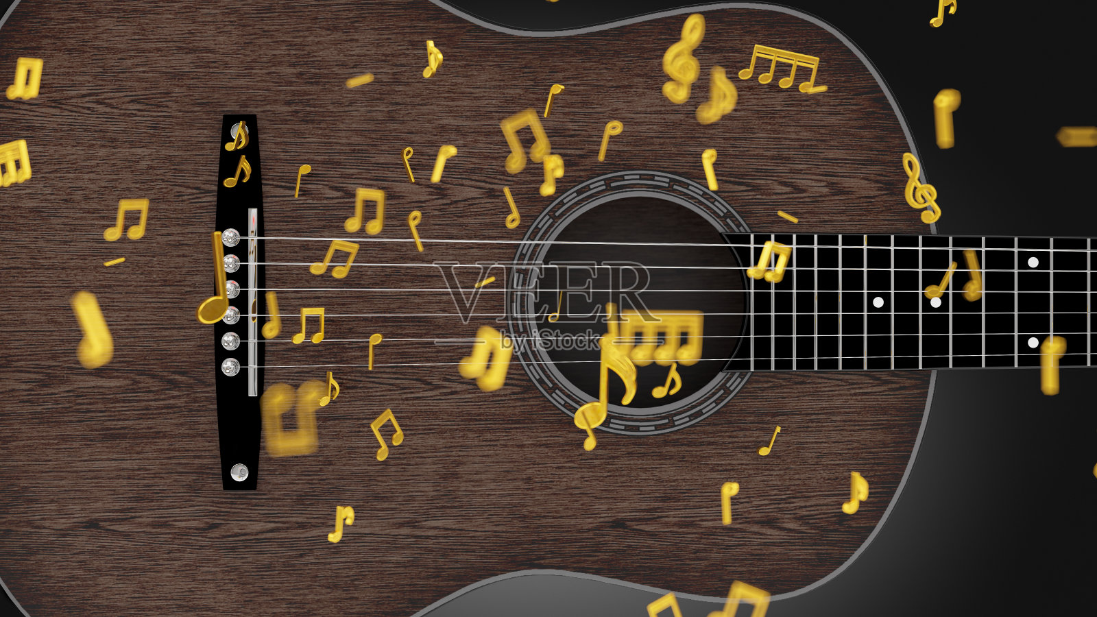 《以吉他为背景，在空中飘浮的金色音符》照片摄影图片