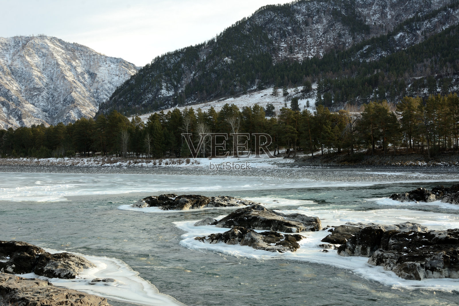 全景拍摄的风景如画的山谷覆盖着雪和流动的绿松石河与冰附近的银行。照片摄影图片