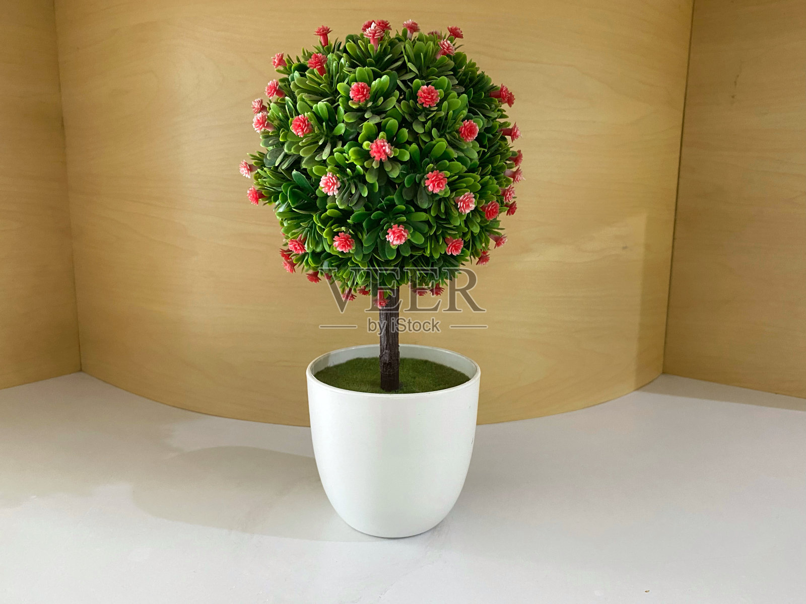 人工或人工合成的小树，花在白色的花盆里，放在木制橱柜上。棕木背景照片摄影图片