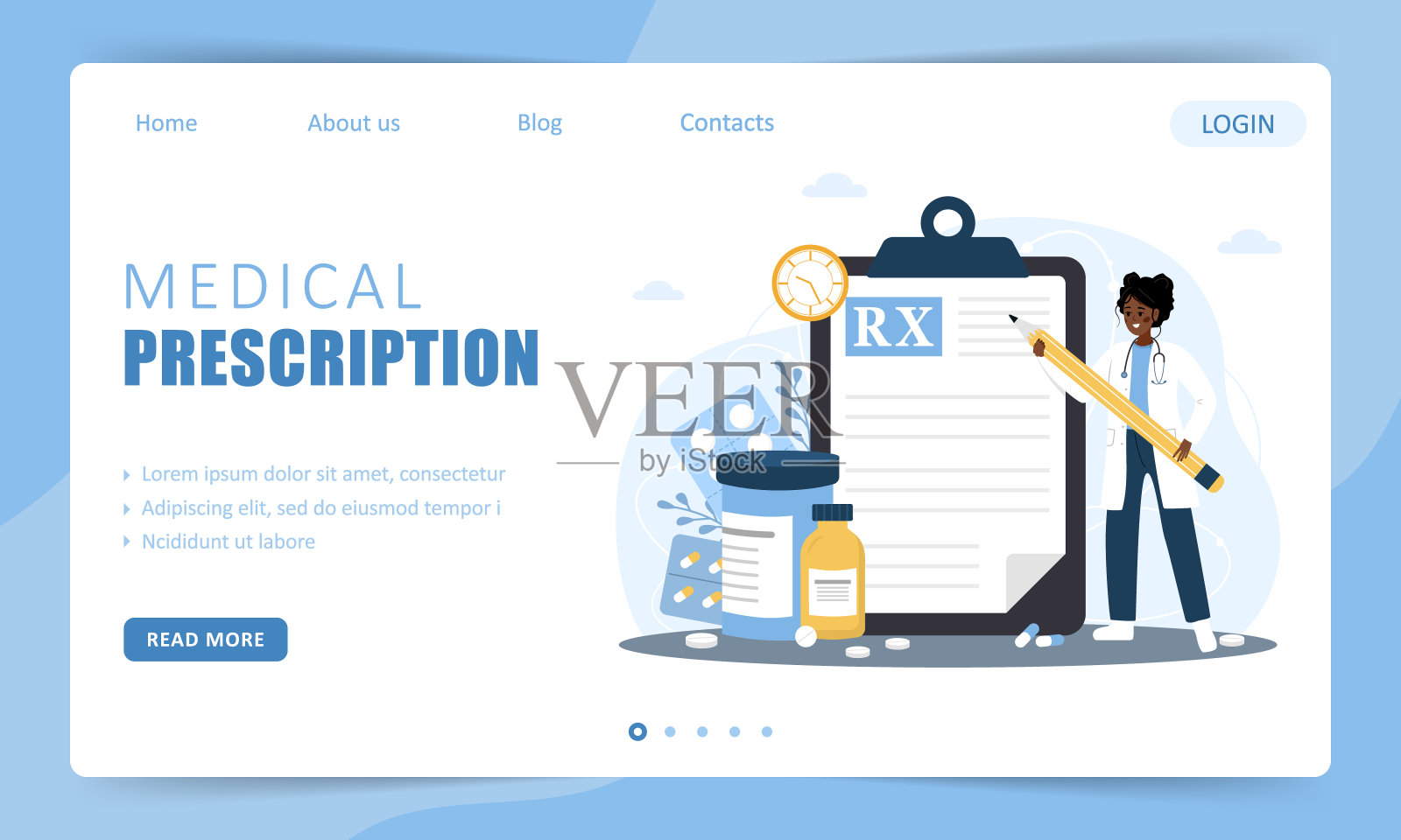 医疗处方。登陆页面模板。非洲女医生为病人写处方。保健和药学概念。矢量插图在平面卡通风格插画图片素材