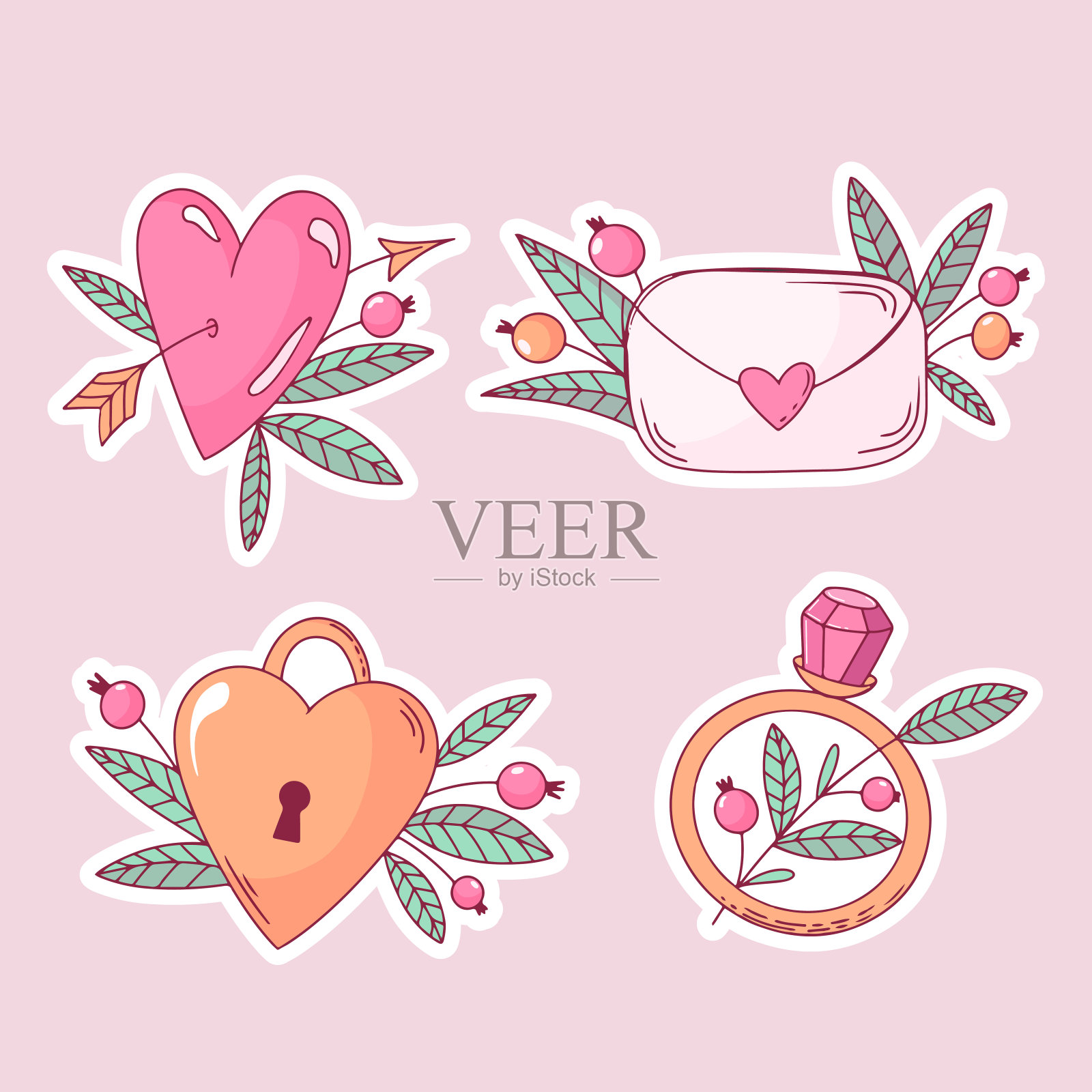 情人节贴纸集心锁心箭信封和宝石戒指插画图片素材