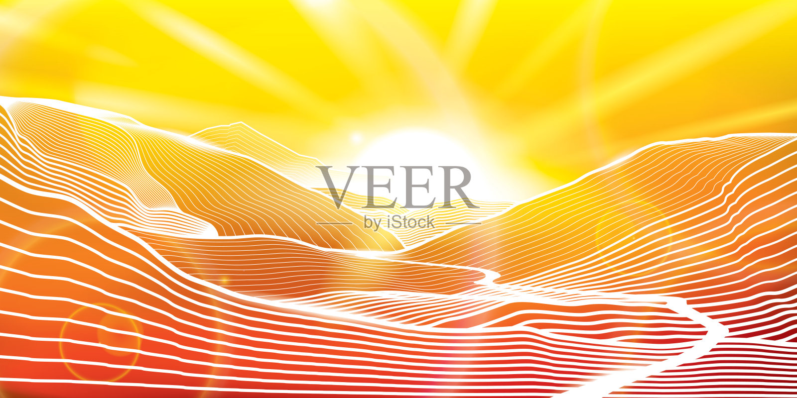 阳光景观。阳光下发光。夏季照明图像。山间小路。黄色背景上的白色轮廓插图。矢量设计艺术插画图片素材