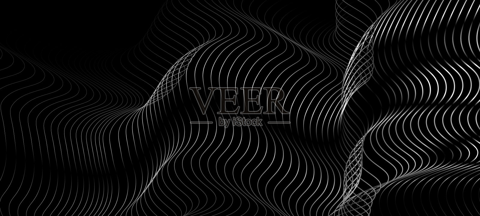 摘要黑灰色设计元素在深黑色背景上的点状波线粒子。现代技术未来概念。矢量图插画图片素材