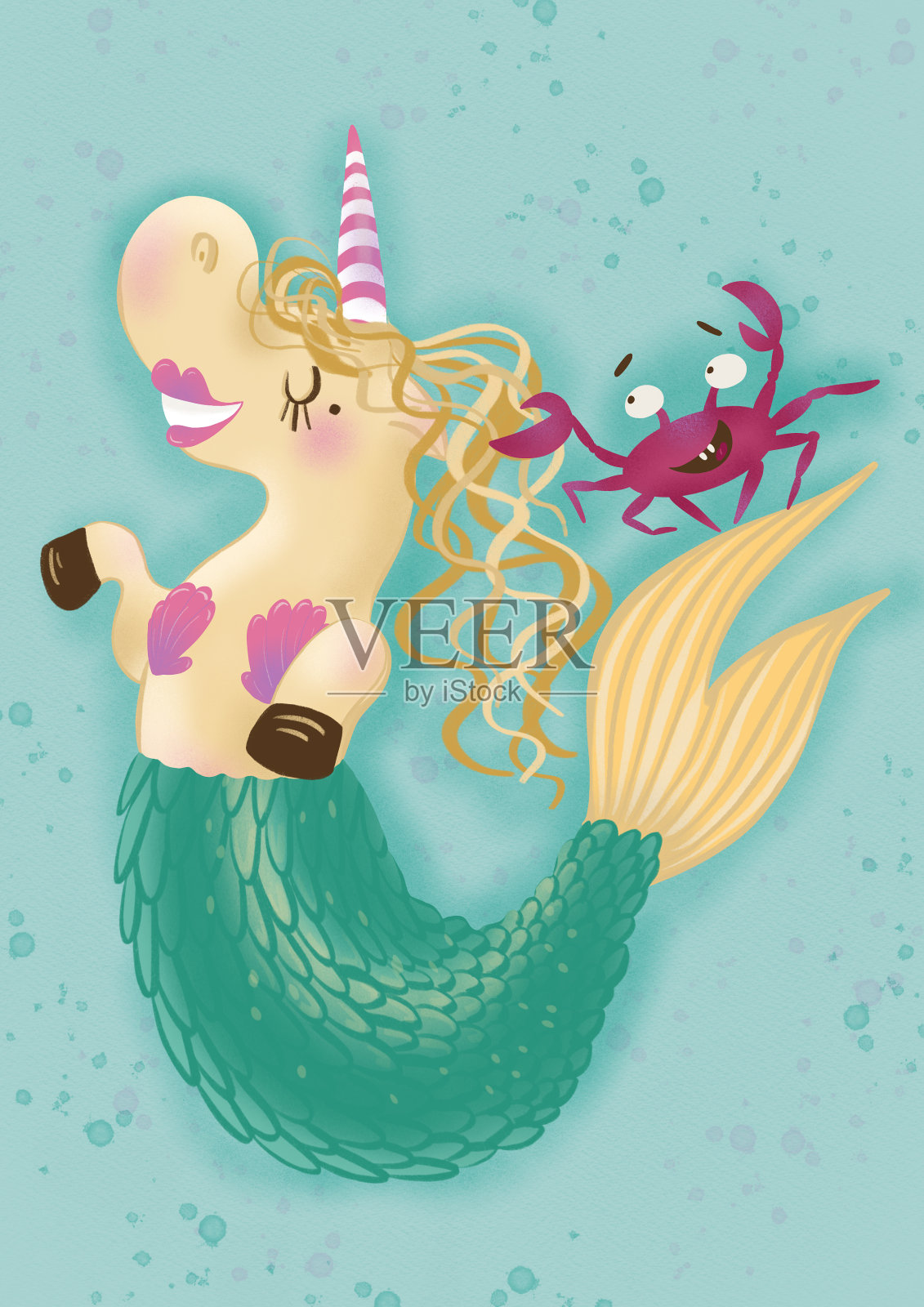 独角兽美人鱼和一只有趣的螃蟹插画图片素材