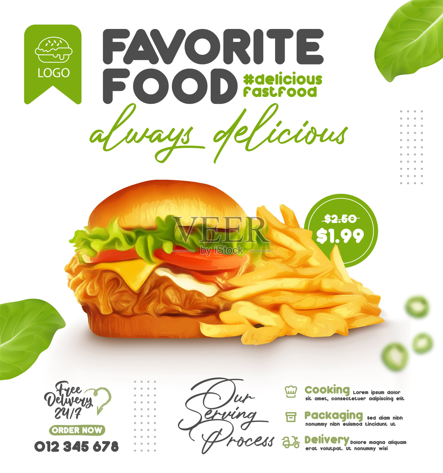 热的和新鲜的美味汉堡薯条社交媒体帖子模板插画图片素材