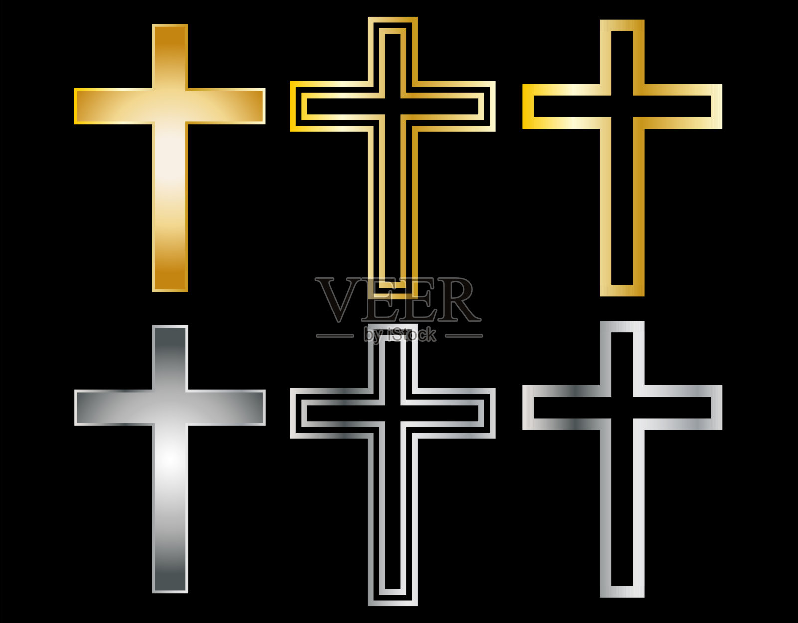 基督十字架孤立现实。金色和金属交叉设置孤立的黑色背景。插画图片素材