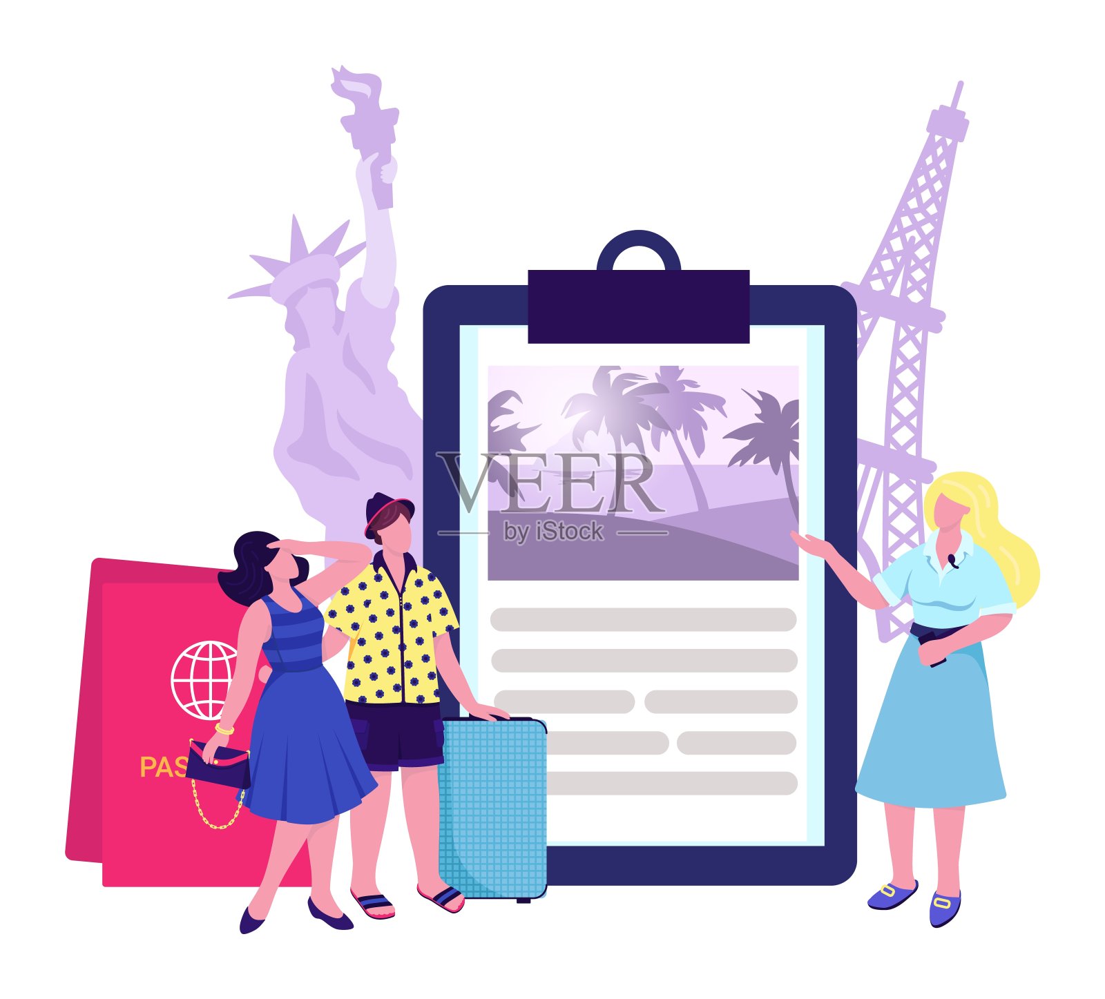 旅行社业务概念，矢量插图。男女夫妻性格设计保险在公司，落地旗帜。平坦旅途安全设计模板素材