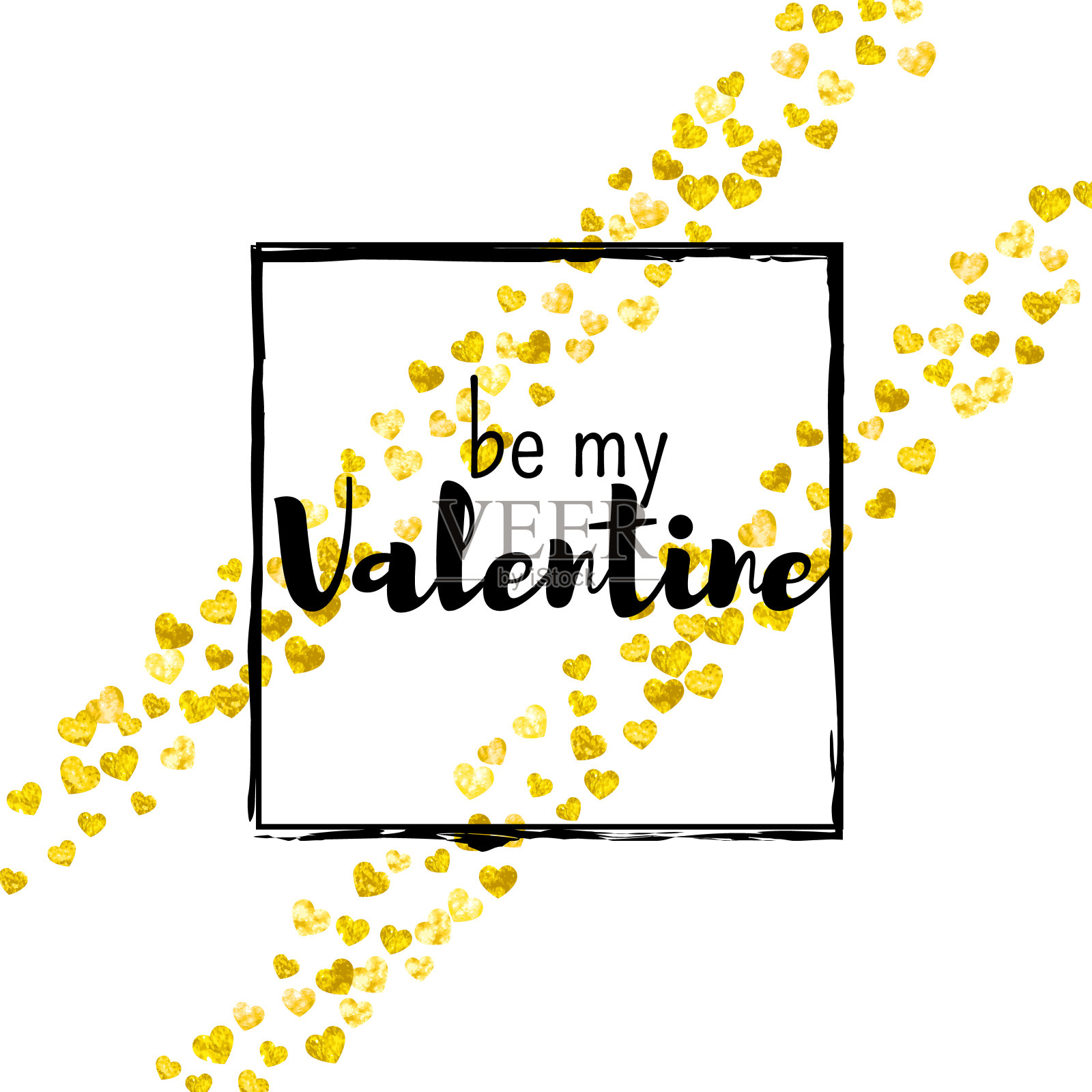 情人节促销卡。手工制作的庆祝亮点。浪漫的框架。黄色艺术插画。情侣复古代金券。金婚旗。黄金情人节特惠卡。插画图片素材