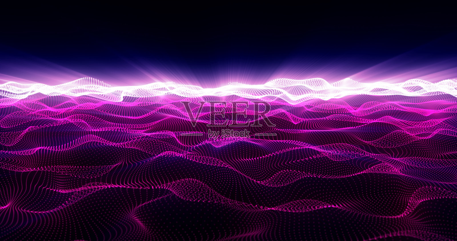抽象美丽明亮的紫色发光能量电魔法宇宙线粒子波在一个发光发光日落的背景插画图片素材