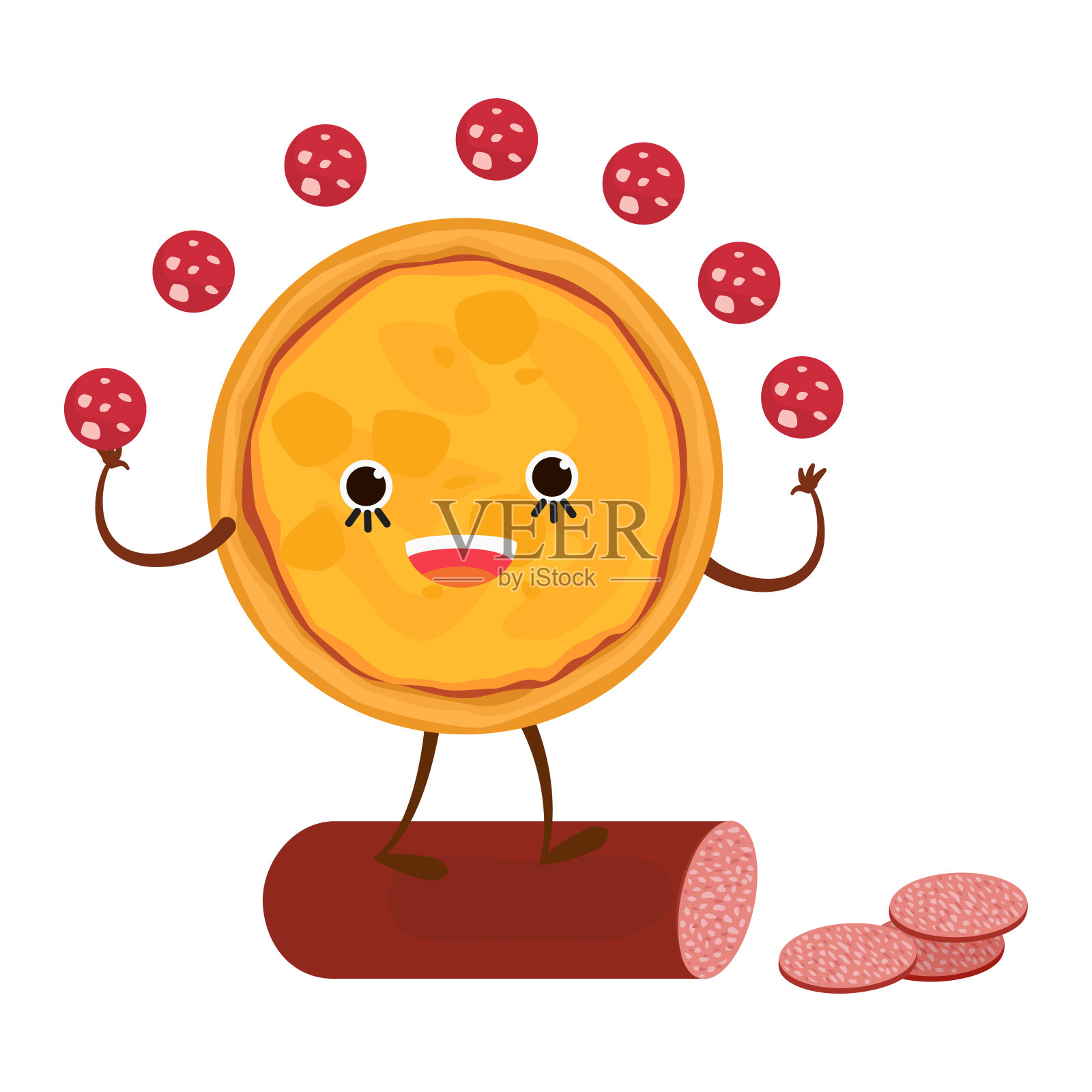 披萨人物吉祥物为披萨店矢量插图的有趣元素。美味的晚餐，美味的意大利腊肠零食在盒子里。插画图片素材