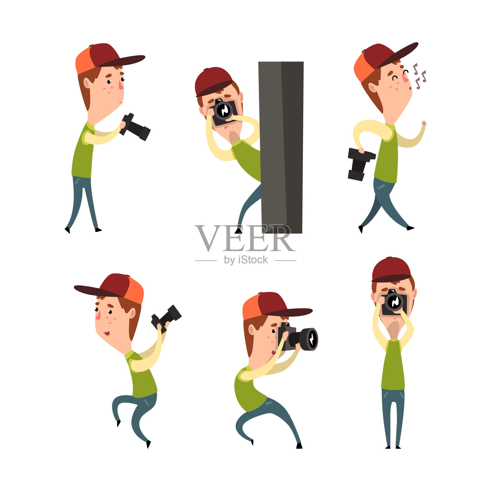 专业摄影师或狗仔队人物用数码相机拍摄卡通矢量插图插画图片素材