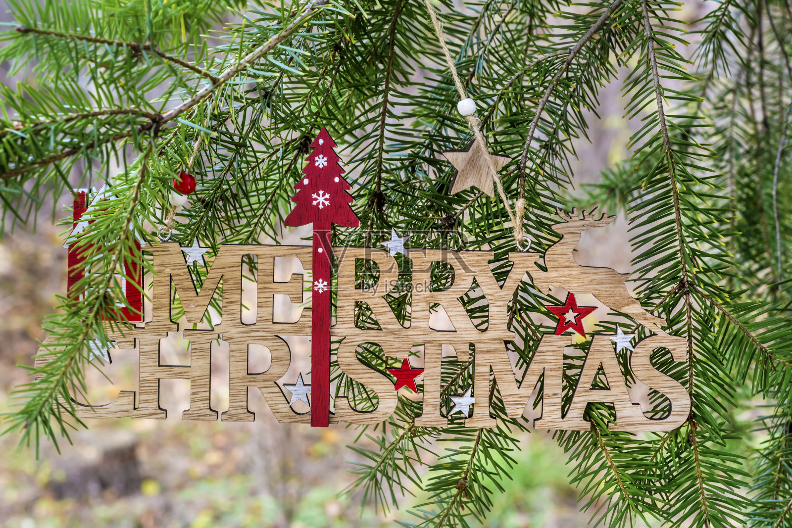 松树上挂着圣诞快乐的木制标志照片摄影图片