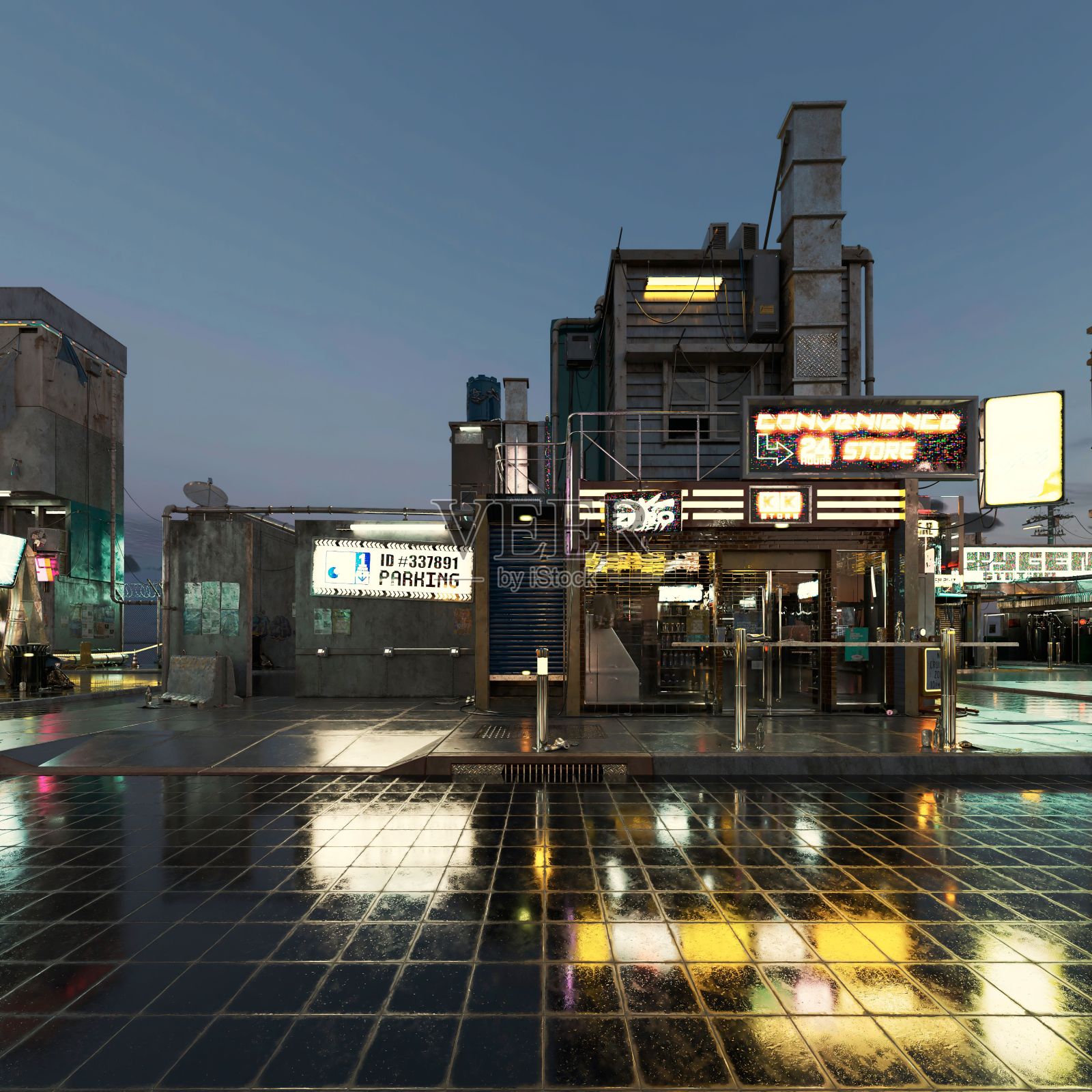 外观未来赛博朋克城市- 3D渲染，所有的图形和图标都是虚构的照片摄影图片