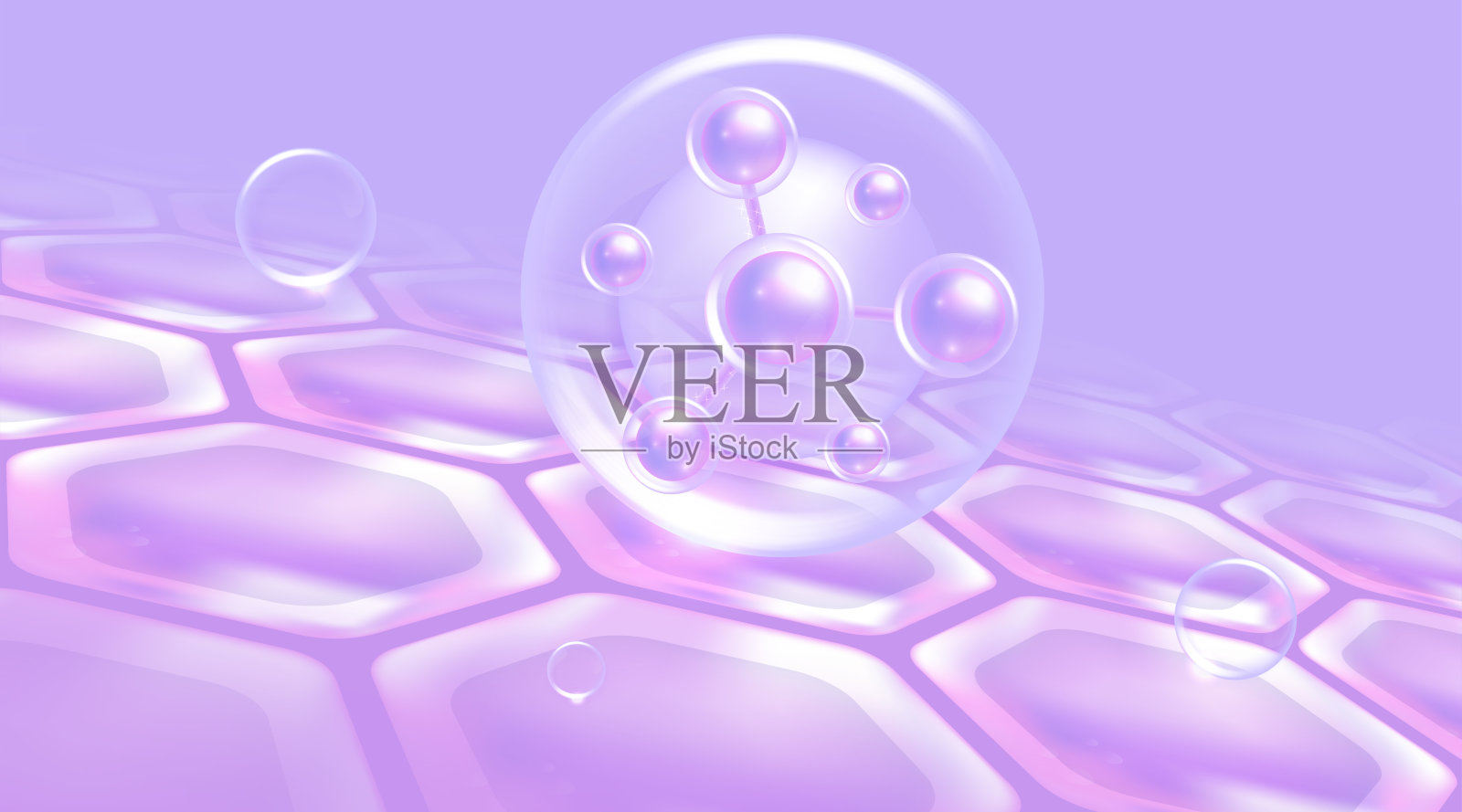 透明质酸头发和皮肤解决方案广告，紫色胶原蛋白精华滴入皮肤细胞与化妆品广告背景准备使用，插图载体。插画图片素材