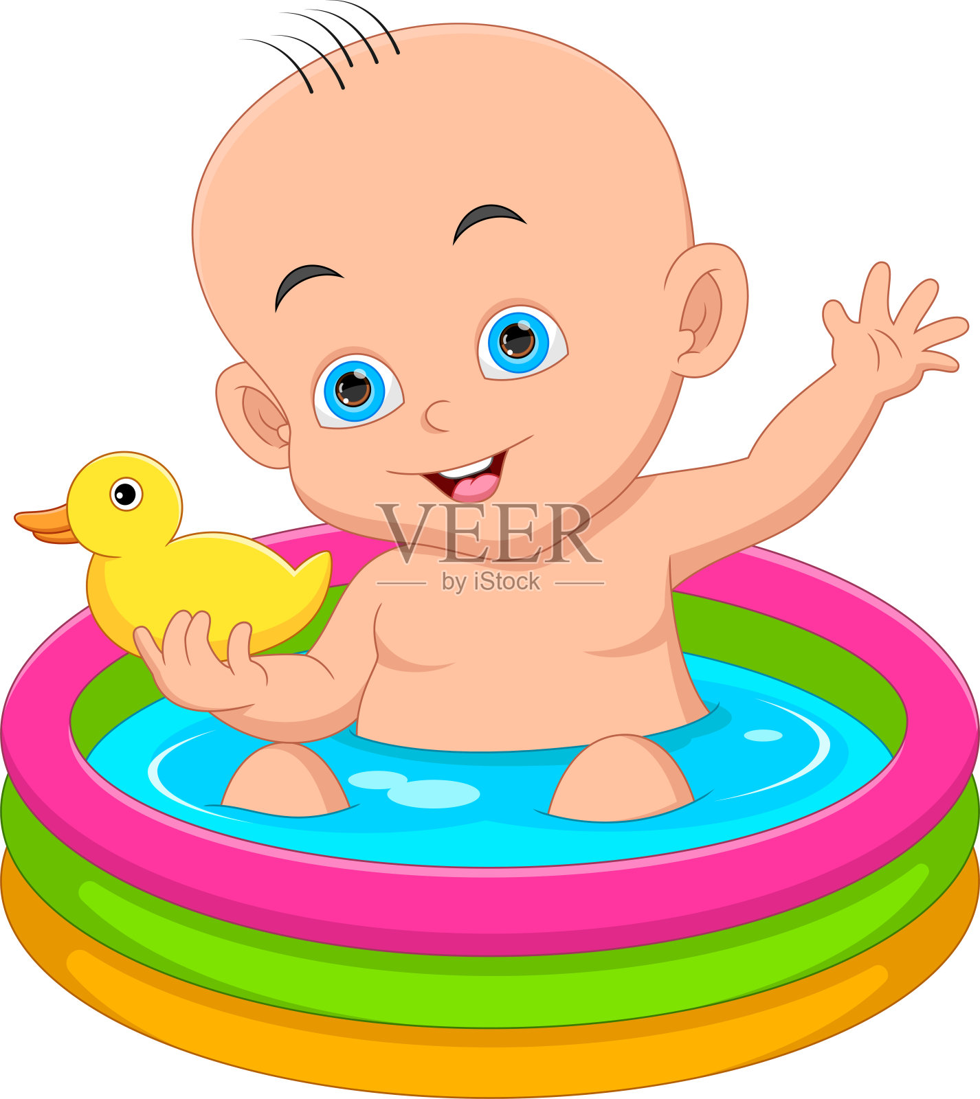 充气泳池里的可爱宝宝插画图片素材