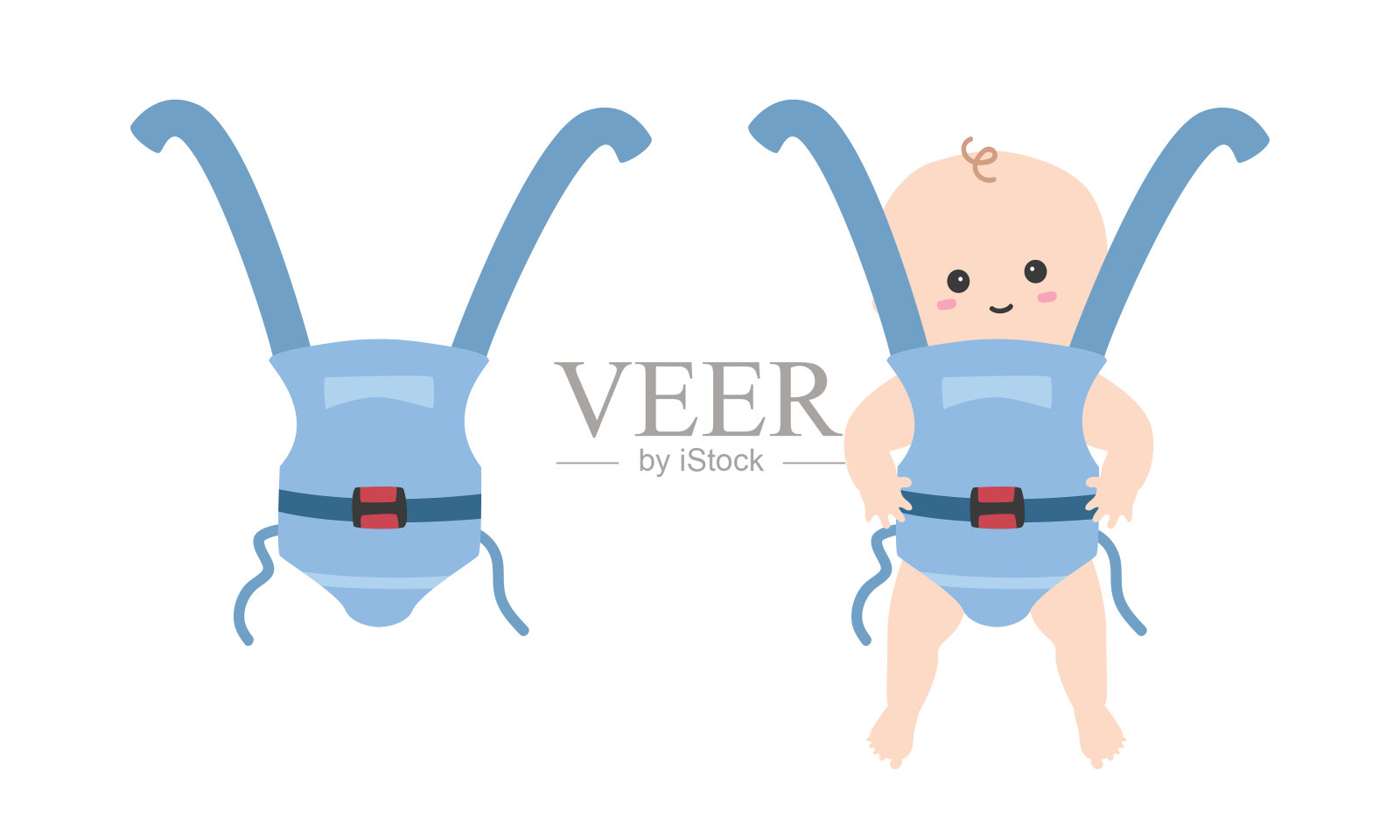 蓝色婴儿吊带剪纸。简单可爱的小婴儿在吊带平面矢量插图。婴儿穿着，婴儿在包裹载体卡通风格。儿童，婴儿淋浴，新生儿和育儿室装饰概念设计元素图片