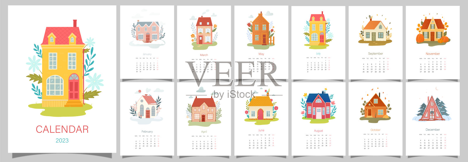 2023日历和可爱的小屋设计模板素材
